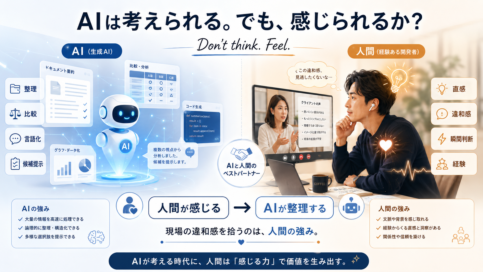 人間が感じ、AIが整理する役割分担を示した解説図