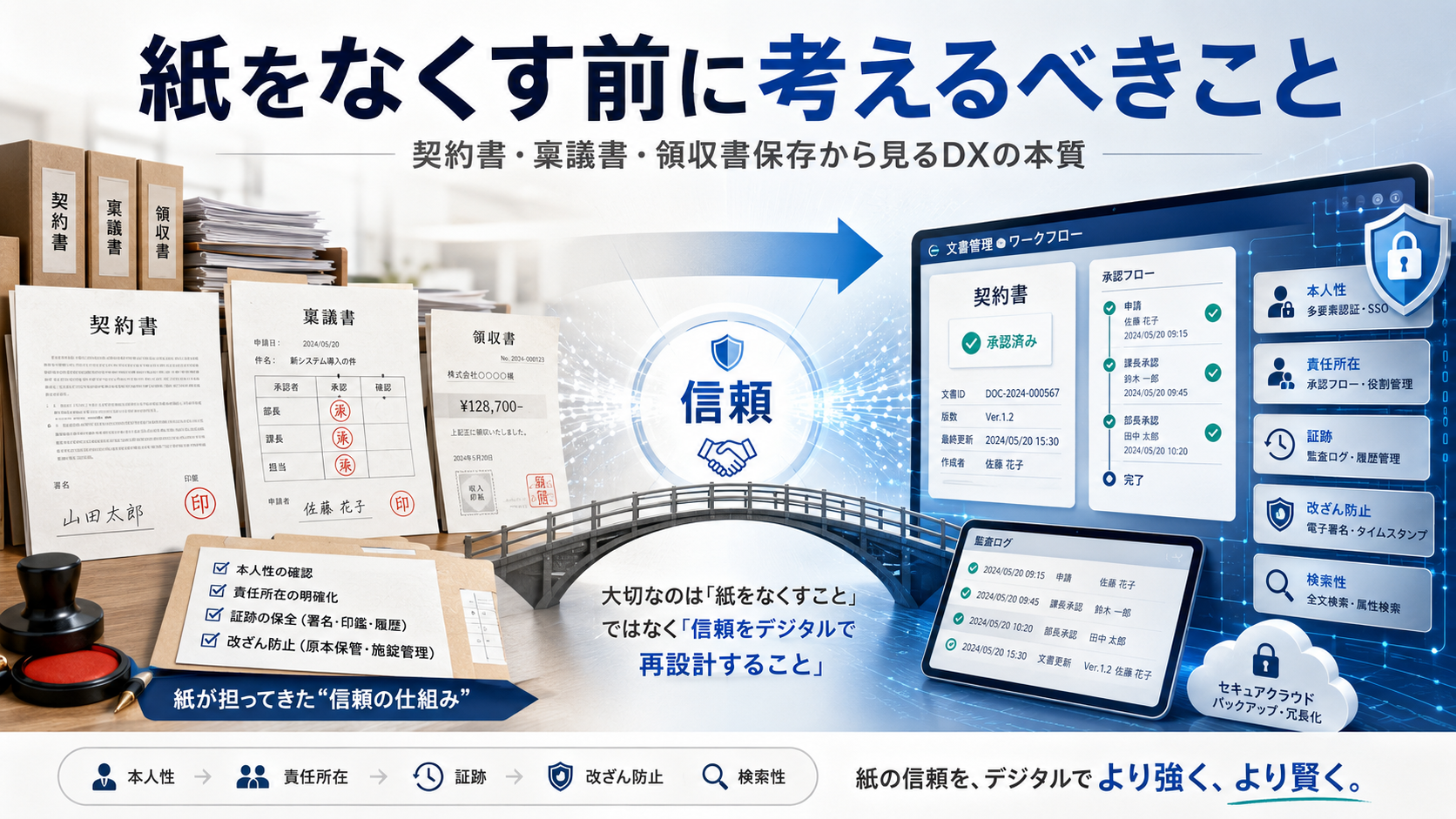 選挙、契約書、経理証憑からDXで守るべき信頼の仕組みを整理した解説図